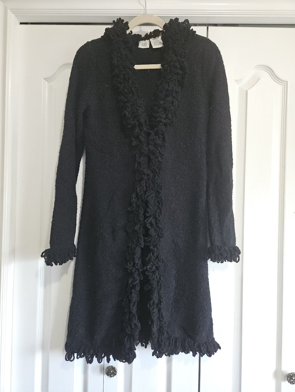 Black Long Cardigan, Faux Fur Trim Yarn